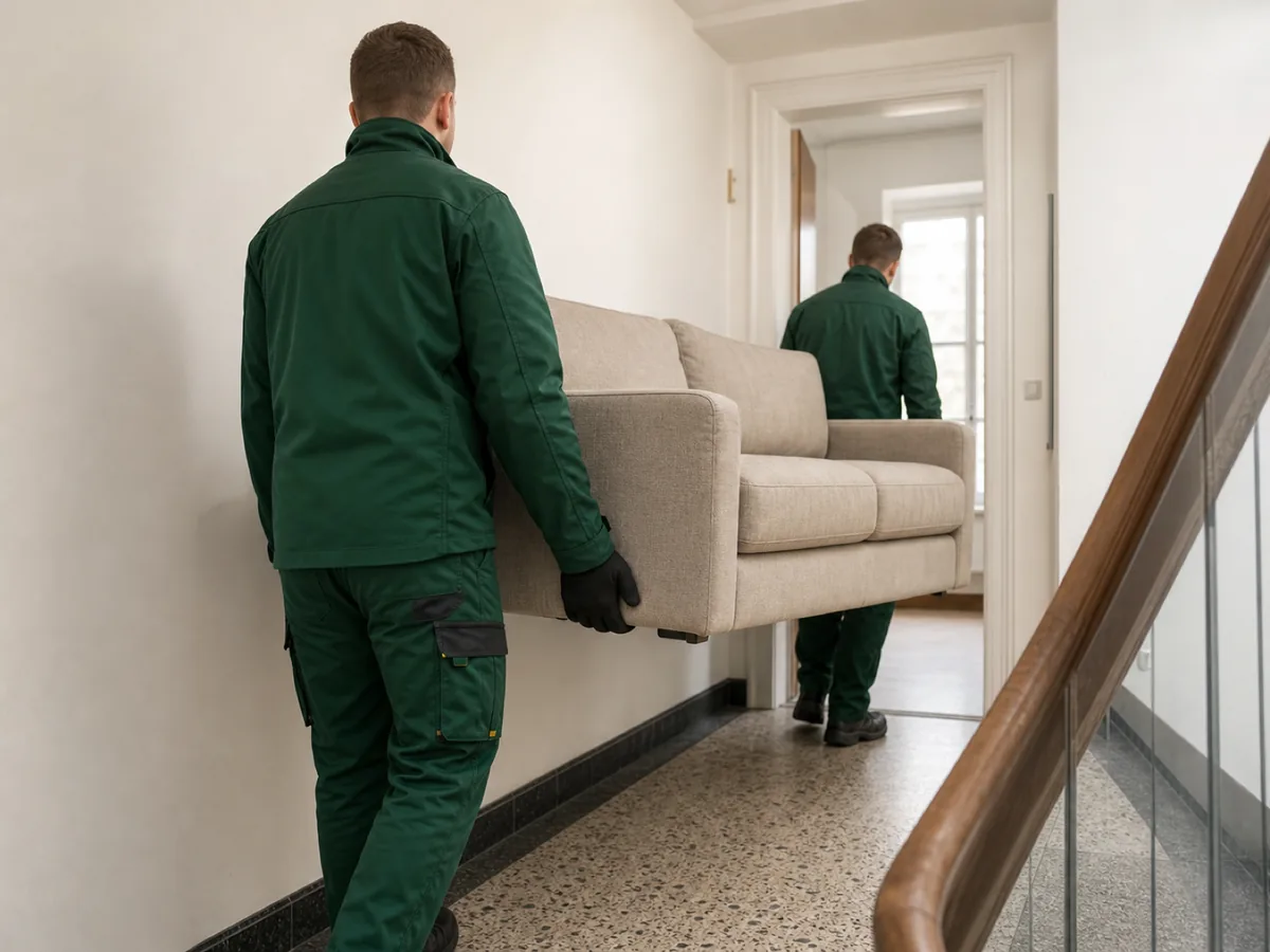 Zwei Mitarbeiter tragen bei einer Entrümpelung in Braunschweig gemeinsam ein Sofa durch das Treppenhaus
